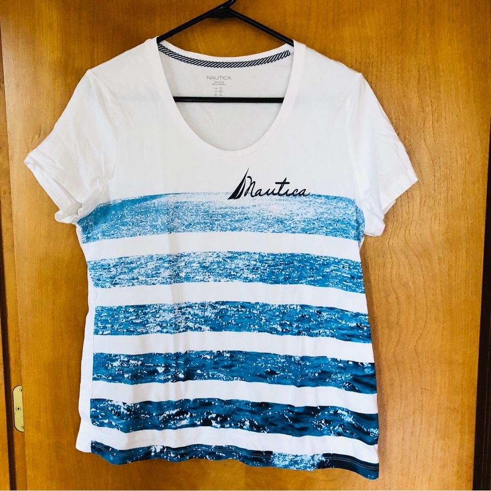 Nautica Women's White and Blue Striped Top